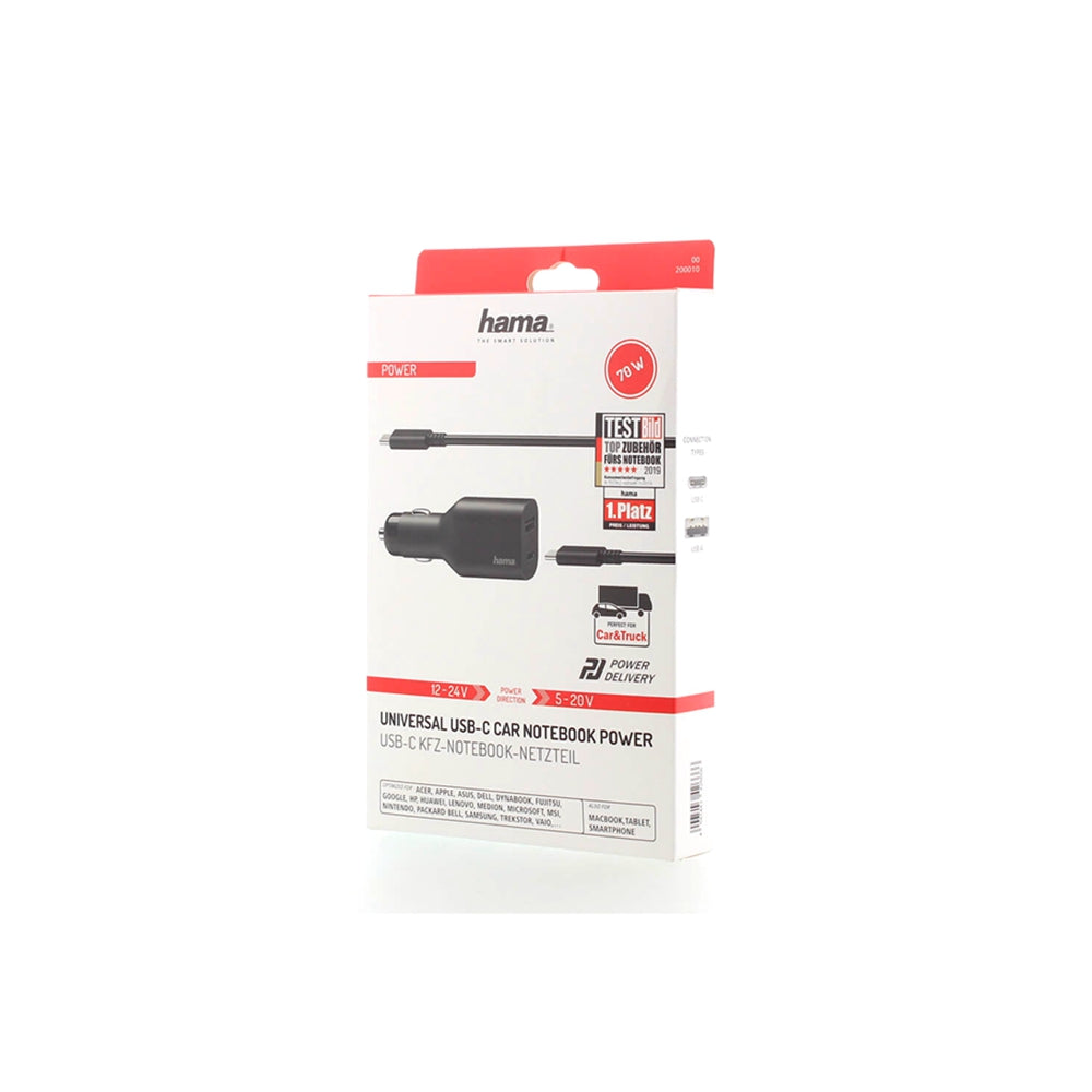 Hama | Cargador para Coche USB C (Fuente de alimentación Universal USB C para Coche, Fuente de alimentación para portátil Power Delivery, 5 – 20 V/70 W) Negro