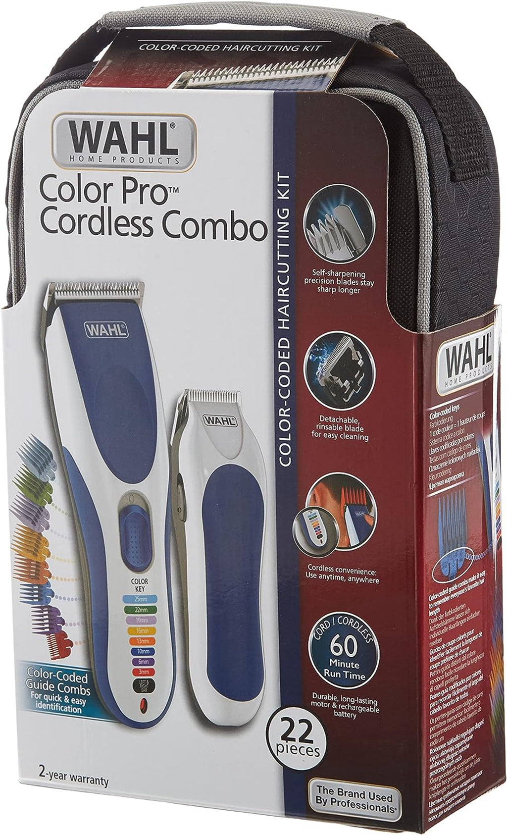 WAHL Color Pro Cordless cortadora eléctrica, con batería recargable, sin cable, 8 peines guía de colores fáciles de usar, óptima para toda la familia y para el cabello de los niños, cuchilla lavable