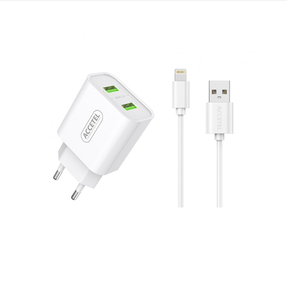 AC323 Cargador De Pared Con Puertos Dual USB - Cable IP 7/8/X/14/14 PRO/14 PRO MAX BLANCO