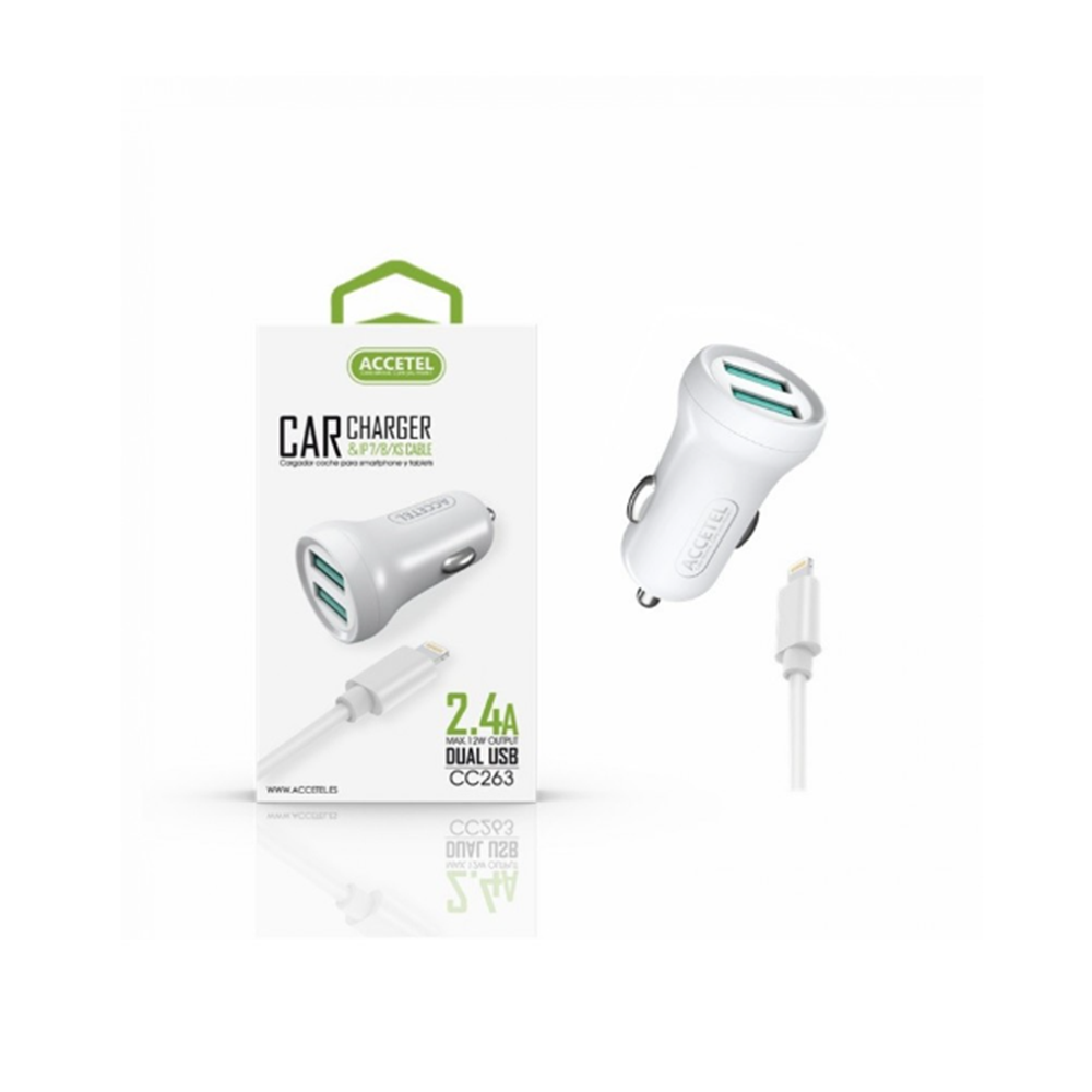 CC263 Cargador Coche 2.4A 2USB - IP 7/8/X/14/14 PRO/14 PRO MAX Blanco