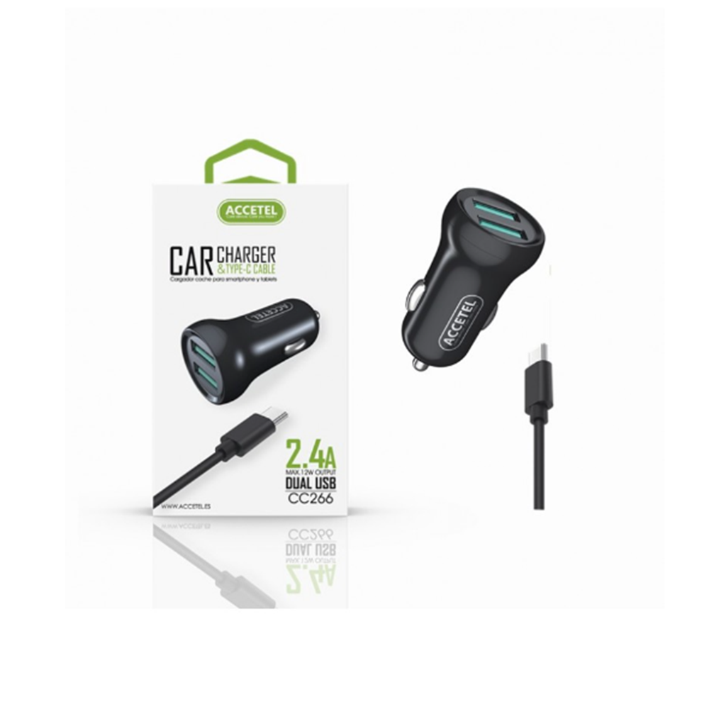 CC266 Cargador Coche 2.4A 2USB - Type C Negro