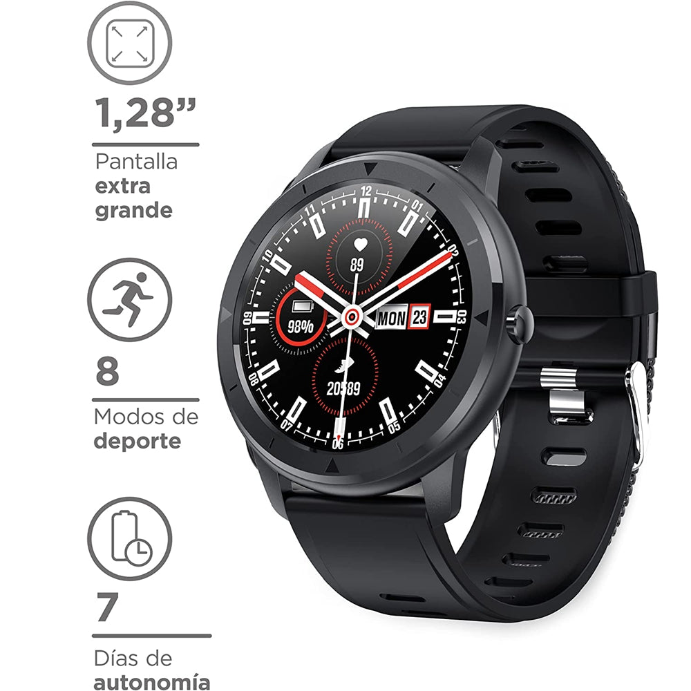 KSIX Reloj Inteligente Eclipse para Hombre Multideporte. Smartwatch Táctil 1.28” IPS Impermeable con Bluetooth. Pulsera de Actividad con Pulsómetro, Medidor de Presión Arterial y Oxígeno en Sangre