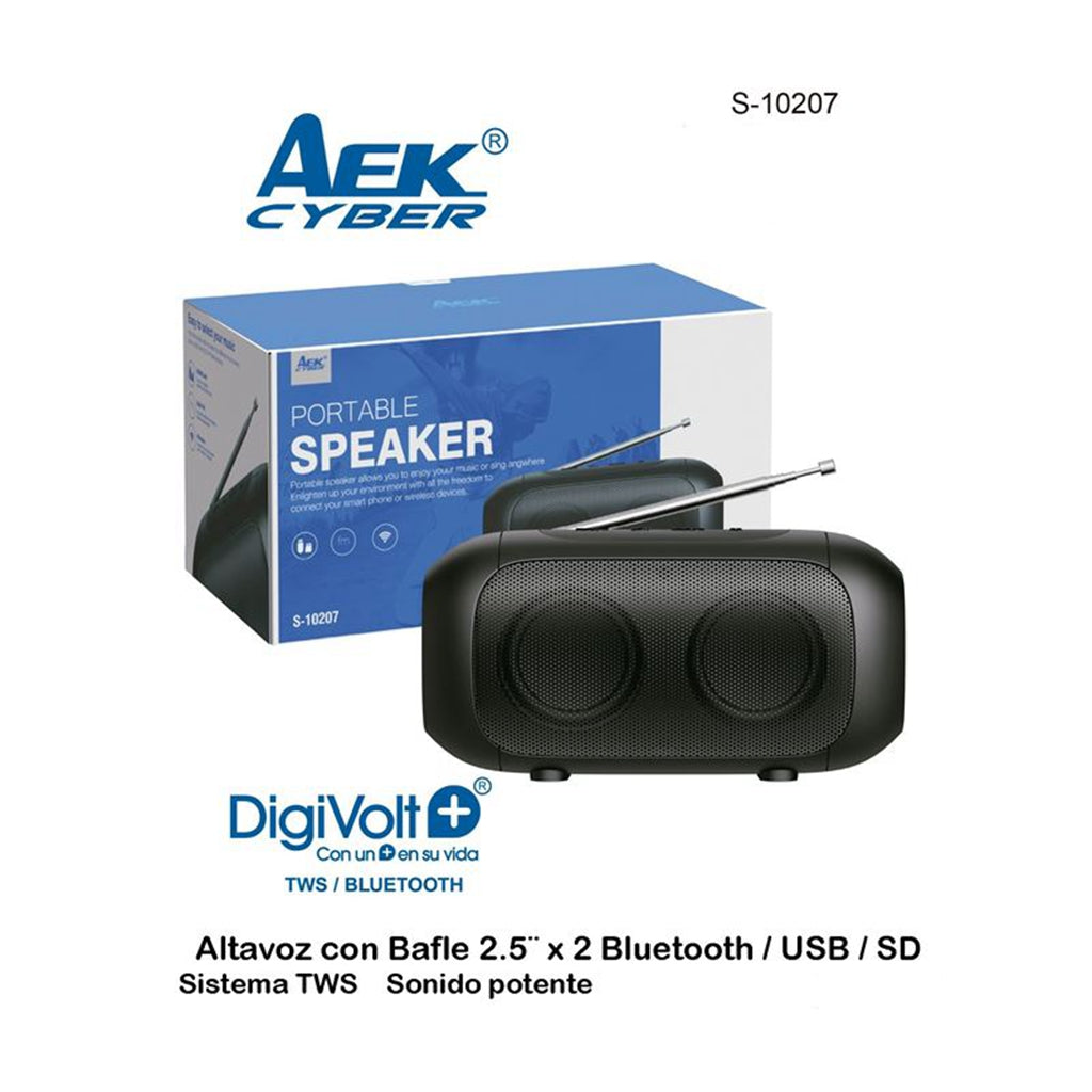 AEK S-10207 Altavoz portátil inalámbrico USB, FM, negro