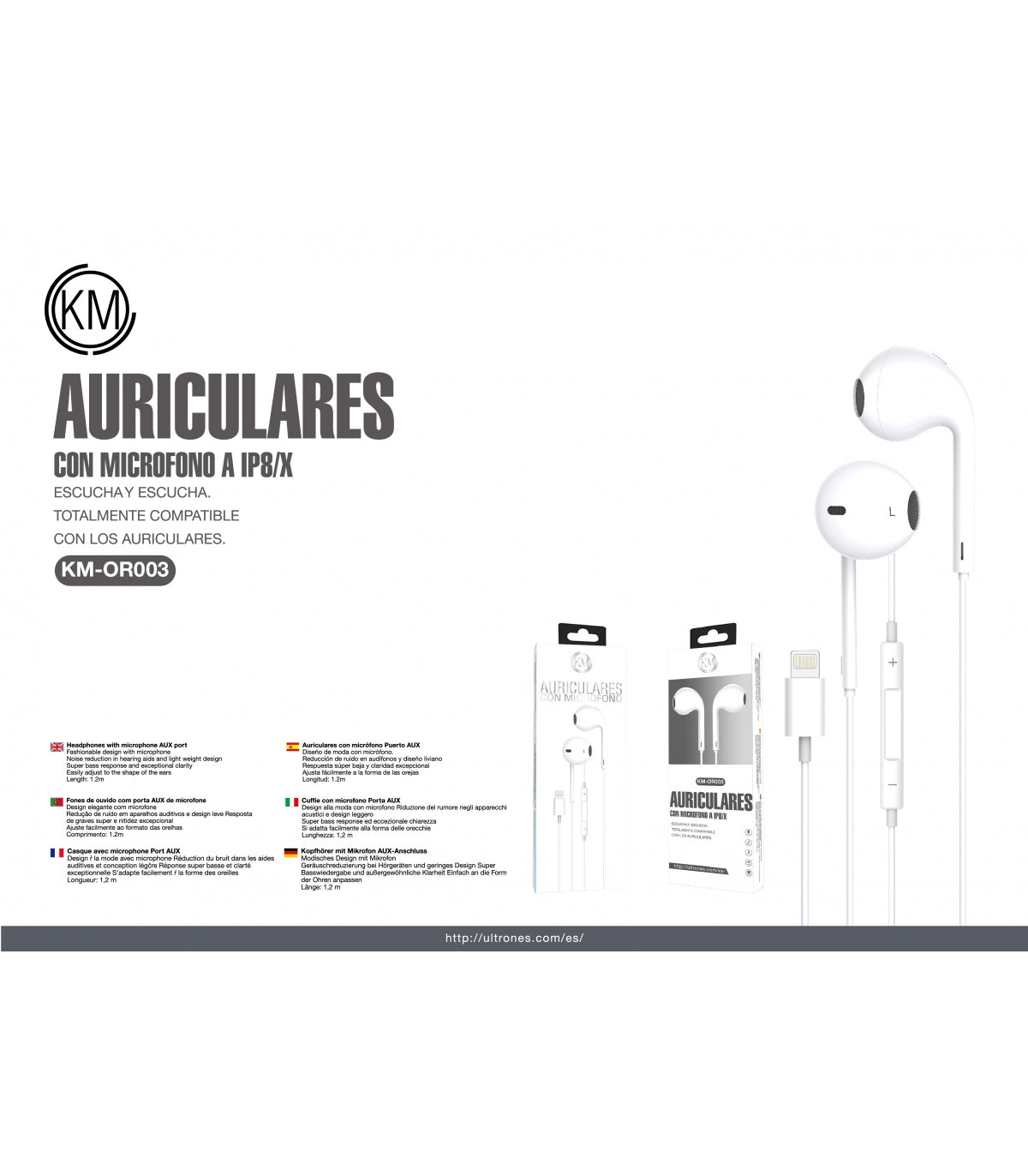 KM-OR003 AURICULARES CABLE LIGHTNING BLUETOOTH