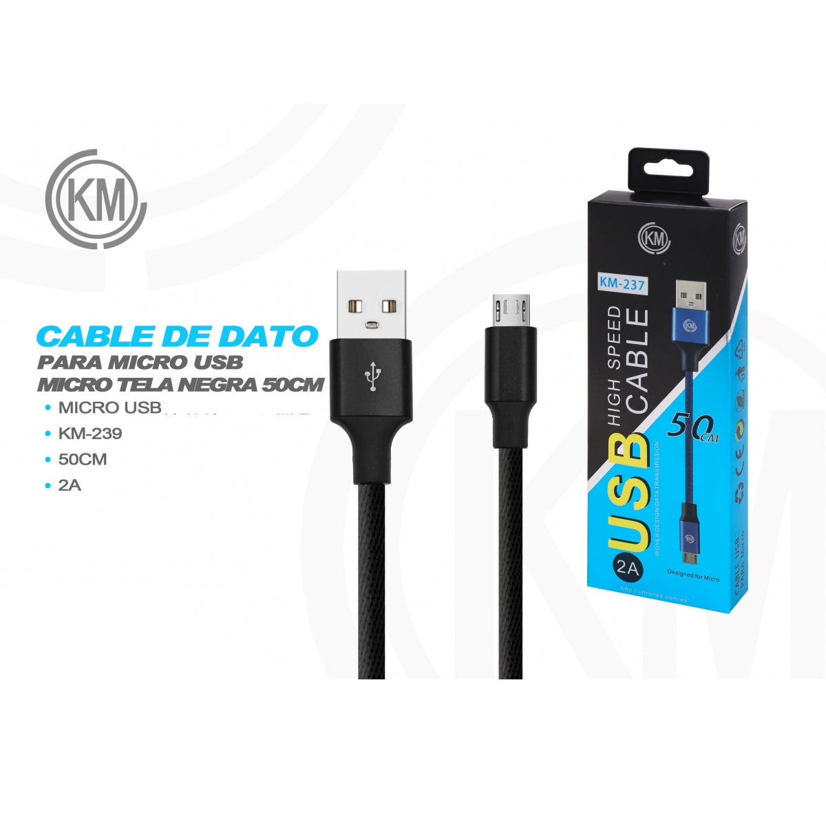 KM-239 CABLE MICRO-USB 50CM TRENZADO [NEGRO]