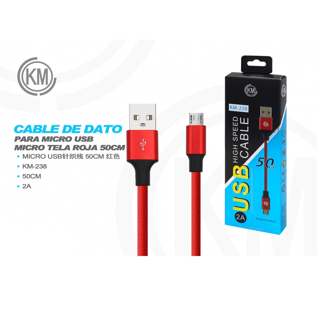 KM-238 CABLE MICRO-USB 50CM TRENZADO [ROJO]