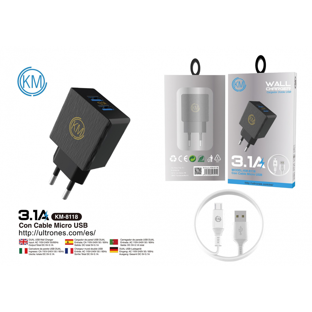 KM-8118 CARGADOR PARED 3.1A CABLE MICRO-USB