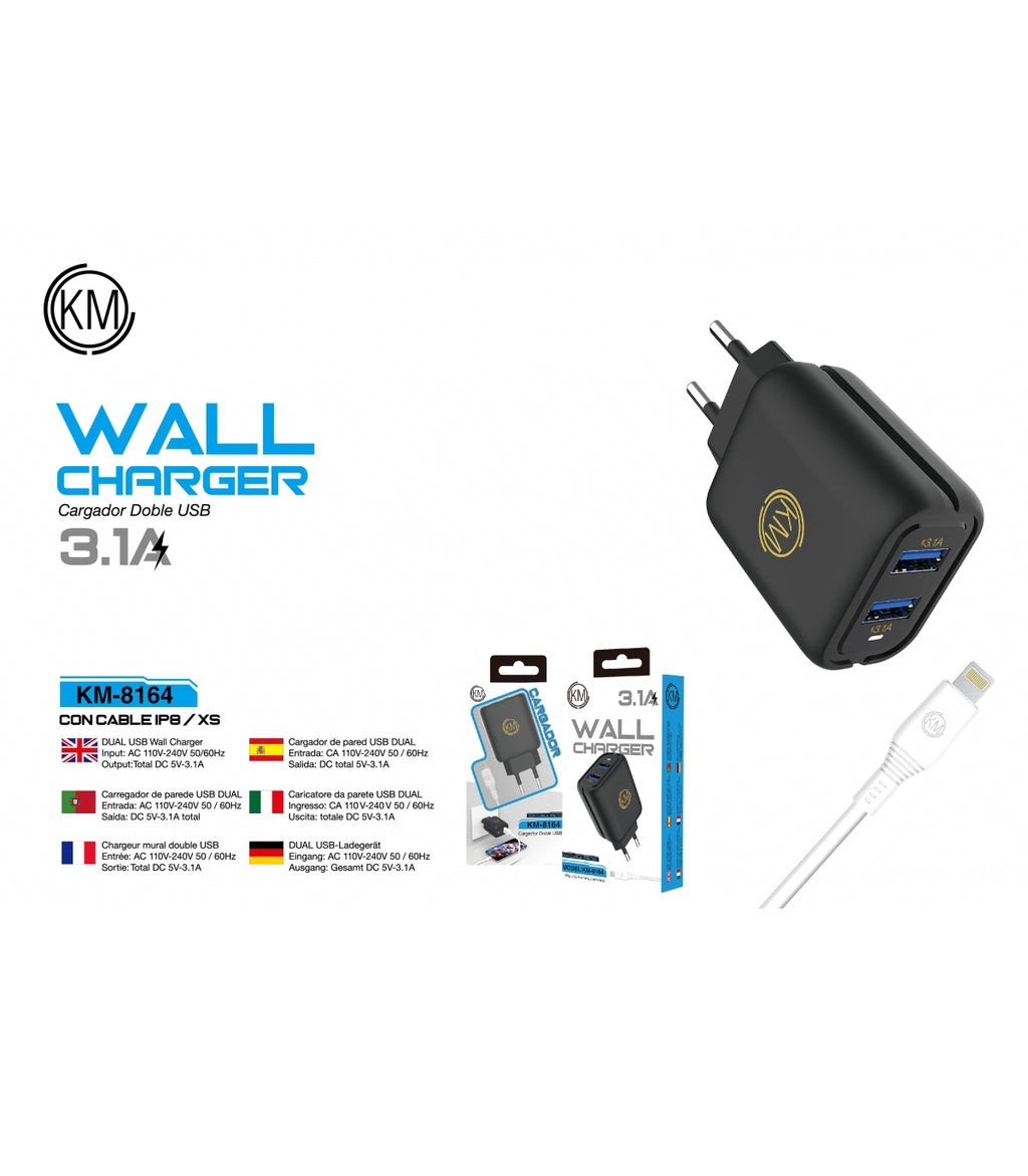 KM-8164 CARGADOR PARED CABLE LIGHTNING [NEGRO]