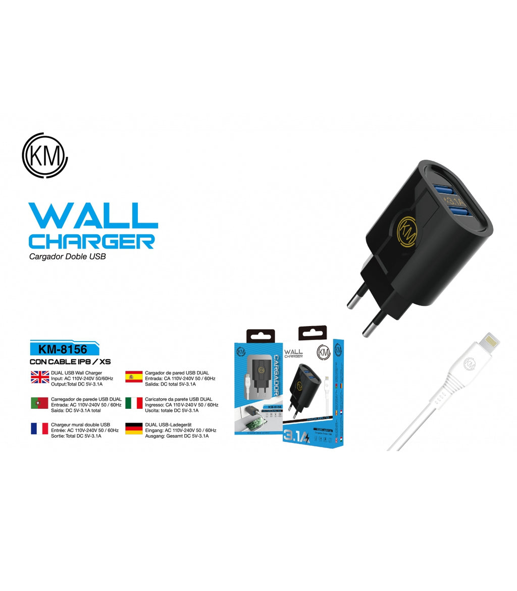 KM-8156 CARGADOR PARED CABLE LIGHTNING [NEGRO]